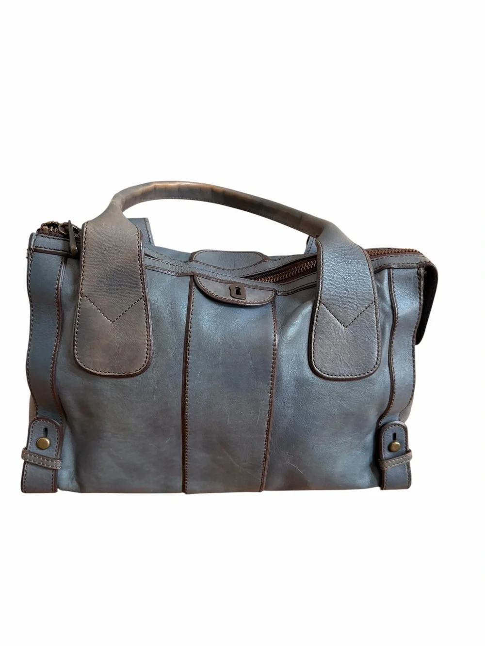 Fossil Long Live Vintage 1954 Maddox Marlowe Satchel Tote Blue Gray Leather Bag